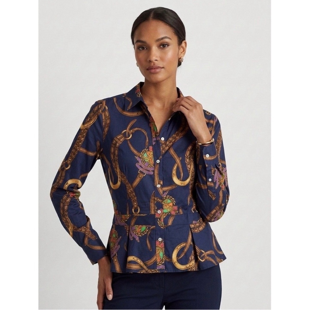 Ralph Lauren Equestrian Navy Gold Chain-Print Peplum Button-Down Shirt